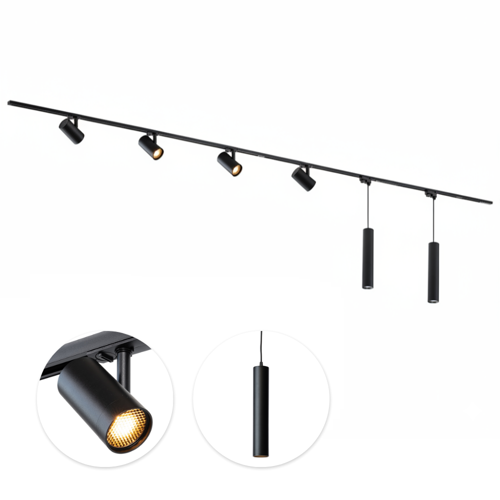 Zwarte railverlichting set met 4 mesh spots en 2 hanglampen aan één rail