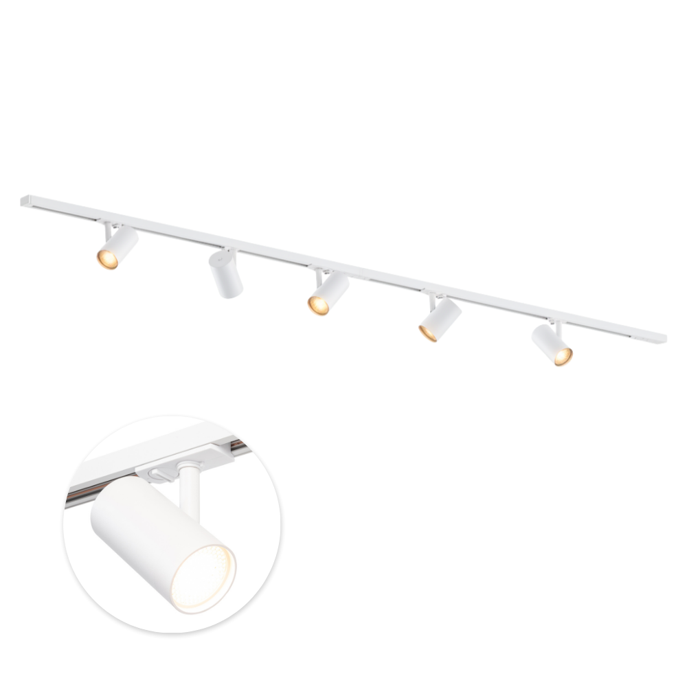 Witte railverlichting met vijf spots; ronde spotkoppen op rail, close-up