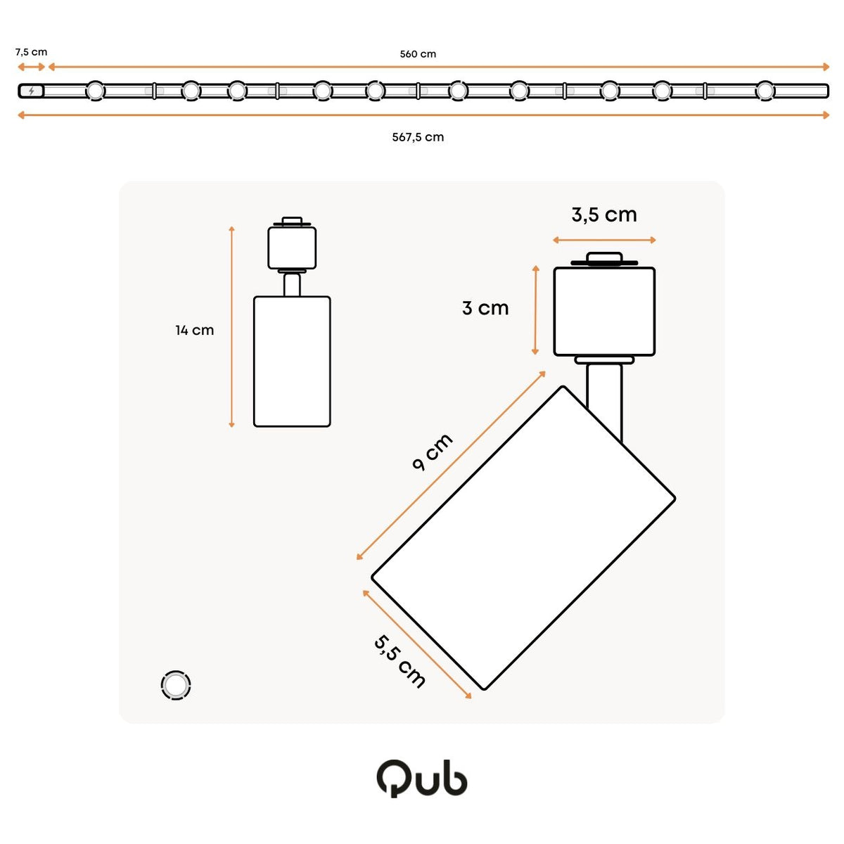 Afmetingen- en montageplan van witte railverlichting met raillengte 560 cm