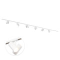 Witte railverlichting set met meerdere draaibare spots langs een lange rail