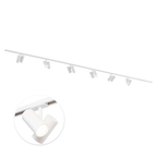 Witte railverlichting set met meerdere draaibare spots langs een lange rail