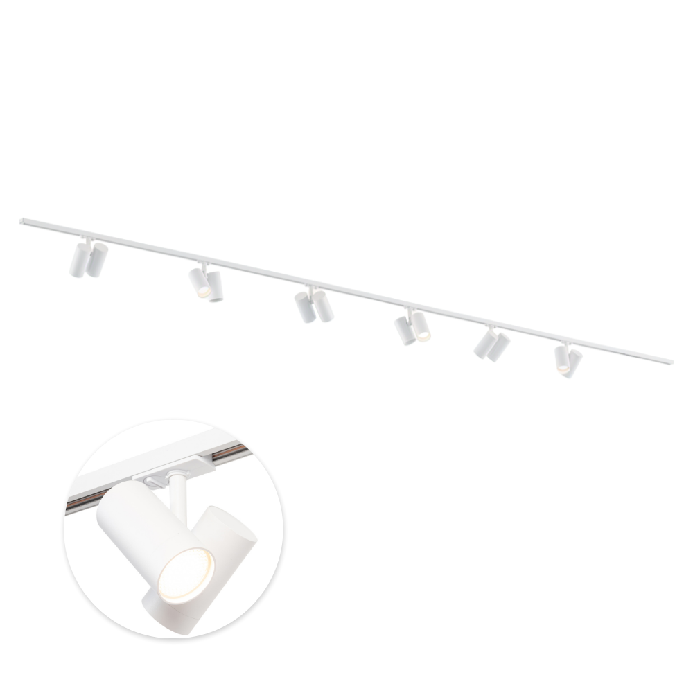 Witte railverlichting set met meerdere draaibare spots langs een lange rail