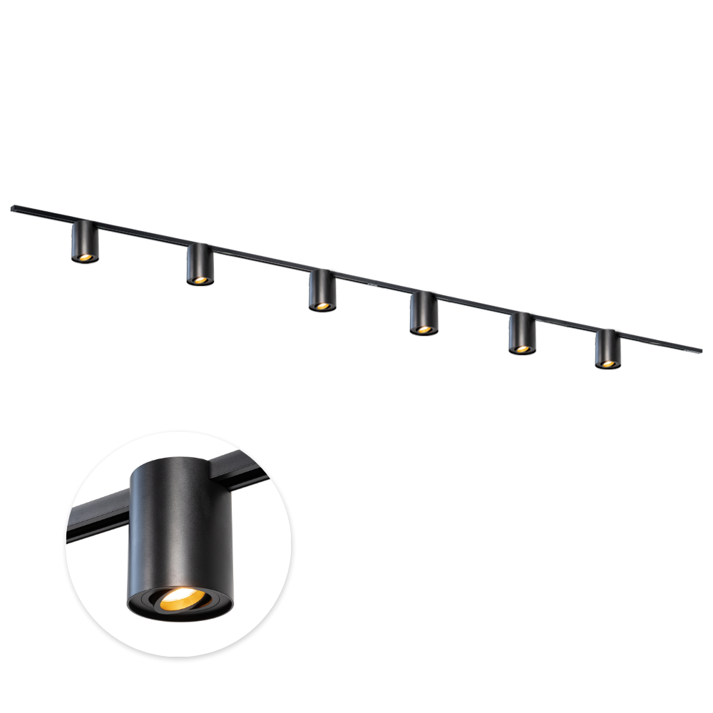 Railverlichting set met 6 zwarte GU10 orbit spots op 400 cm rail