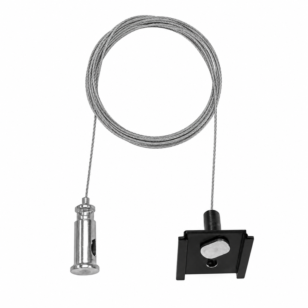 Pendelset voor railverlichting met metalen plafondkap en zwarte railadapter, kabel met lus