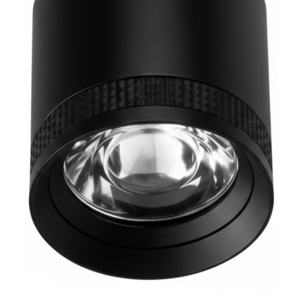 Zwarte railspot met ronde lens en reflector in spotkop.