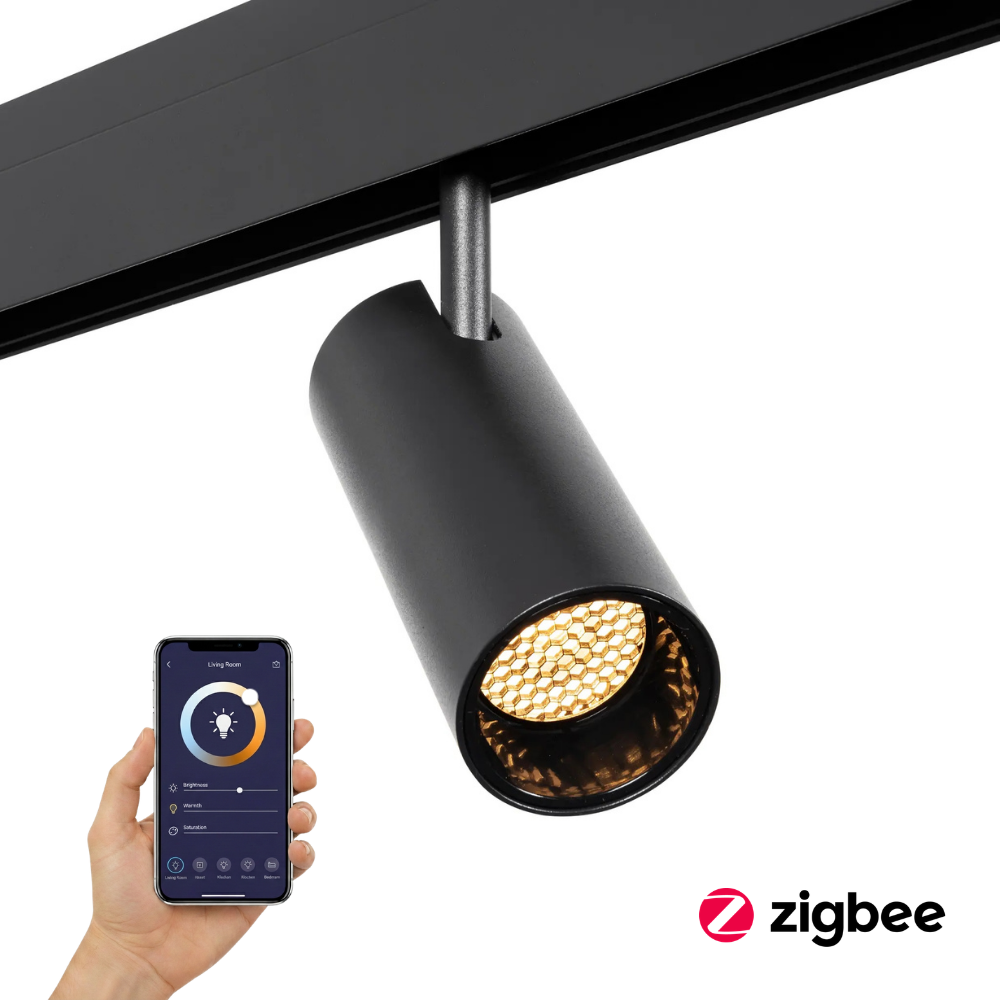 Zwarte railspotlight voor magneetrail (48V) met Zigbee bediening en verlichte honeycomb-lens