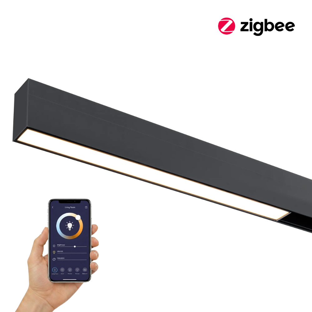 Zwarte lineaire LED-railverlichting met lange lichtbalk, voor 48V en Zigbee
