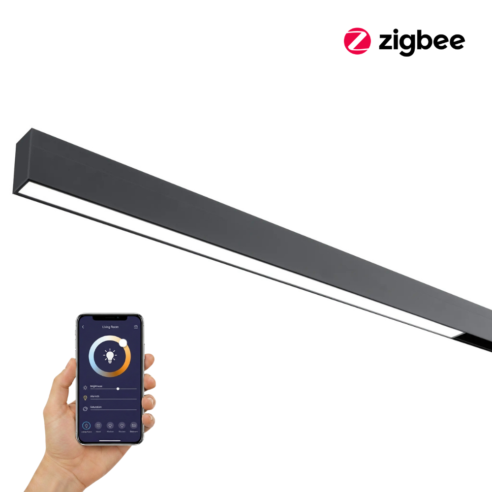 Zwarte Zigbee-rail LED-strip met magneetbevestiging en smartphonebediening