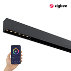 Zwart lineair railarmatuur met 6 ingebouwde LED-spots en Zigbee-bediening voor magneetrail