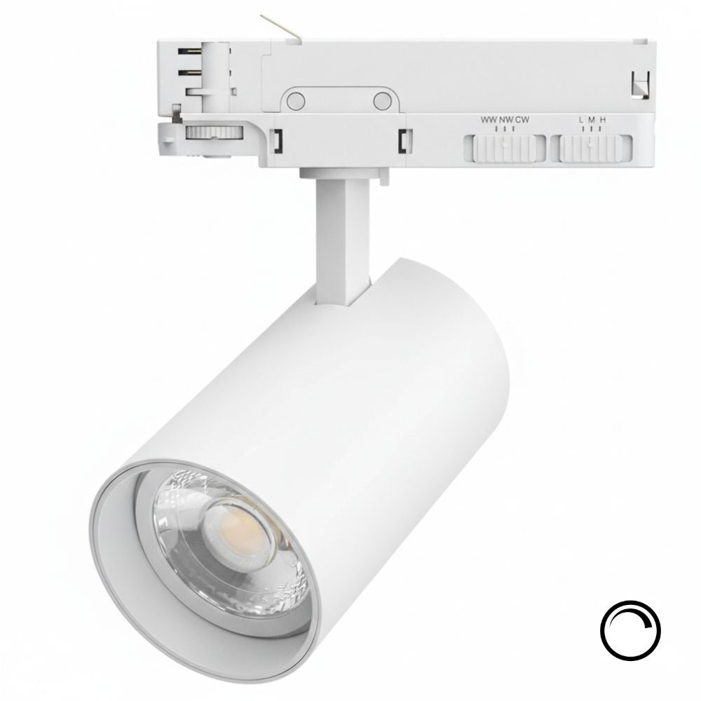 Witte LED-railspot met ronde lens en draaibare behuizing op 3-fase rail.