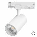 Witte LED-railspot met ronde lens en draaibare behuizing op 3-fase rail.