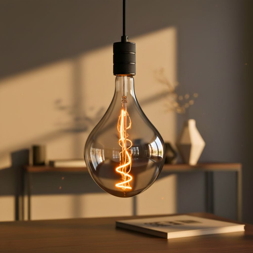 Hanglamp met zwarte fitting en helder rookglas bol, met warm brandende gloeidraad