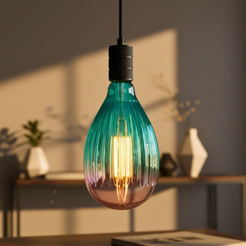 Turquoise glazen hanglamp met zwarte fitting en zichtbare filamentlamp