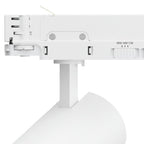 Witte LED-railspot op 3-fase rail met montageplaat en cilindrische behuizing.