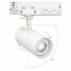 Witte LED-railspot met instelbare kantelhoek tot 90° en zwenkmogelijkheid.