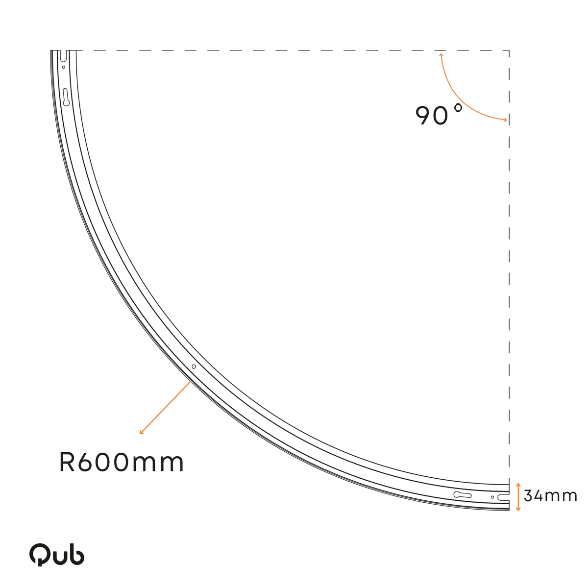 Gebogen spanningsrail 90° voor 1-fase, witte rail, radius R600 en 34 mm