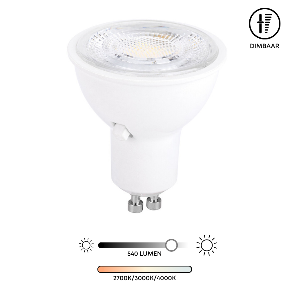 Dimbare GU10 LED-lichtbron met heldere kap, wit ontwerp; instelbaar warm tot koel wit licht
