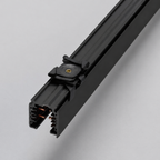 Zwarte pendelclip op 3-fase rail, met zichtbare aansluitcontacten