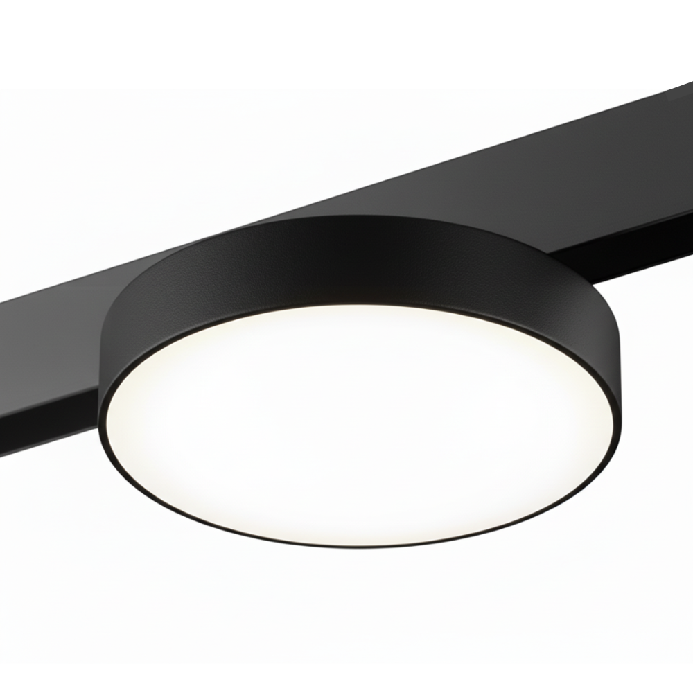 Orion magnetische railplafondlamp met ronde zwarte behuizing en diffuus wit licht