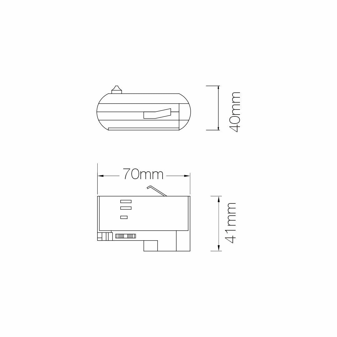 Technische tekening van zwarte 3-fase rail hanglampadapter, 70×40 mm