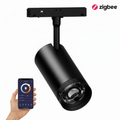 Zwarte railspot met Zigbee-logo en smartphonebediening in beeld.