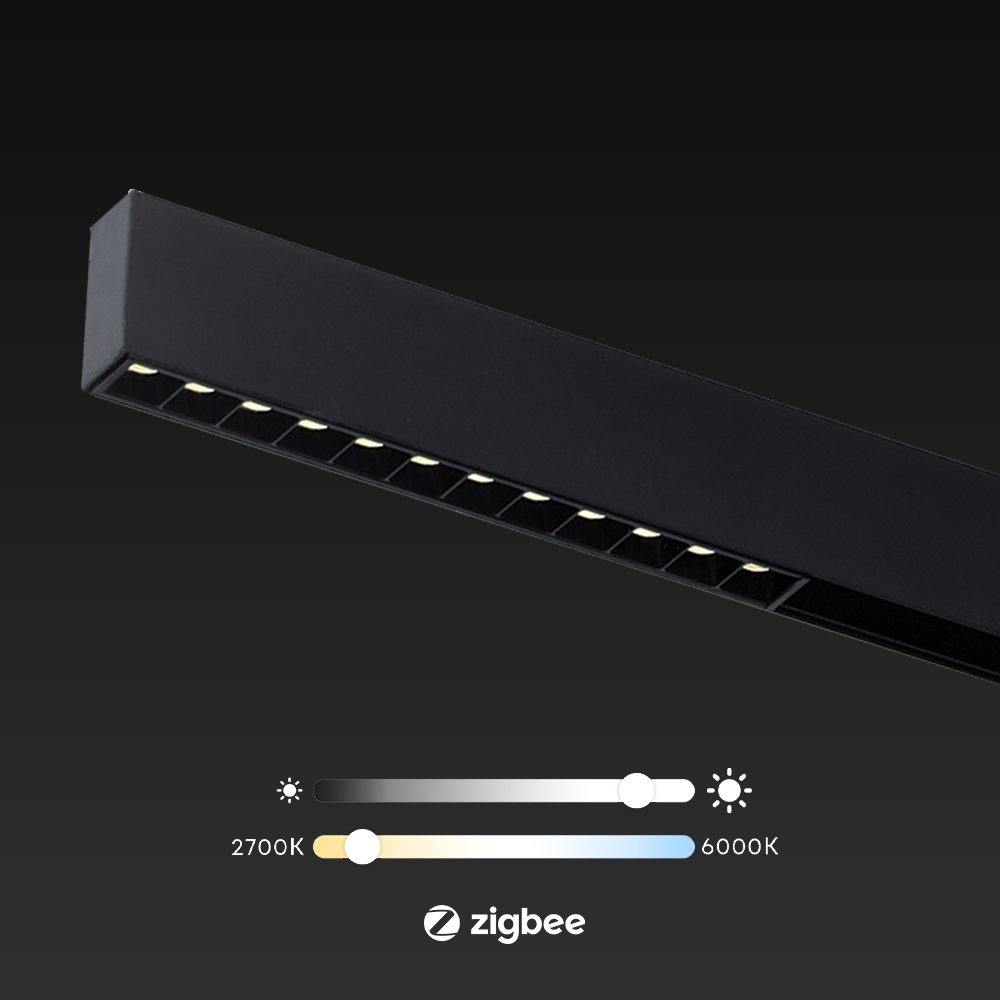 Zwarte lineaire railspot met instelbare wittemperatuur 2700K–6000K en Zigbee