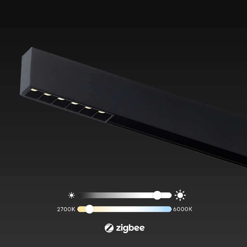 Zwart lineair railarmatuur met 6 LED-spots; kleurtemperatuurkeuze 2700K–6000K (Zigbee)