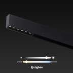 Zwarte lineaire rail met meerdere spotjes en kleurinstelling 2700K–6000K.