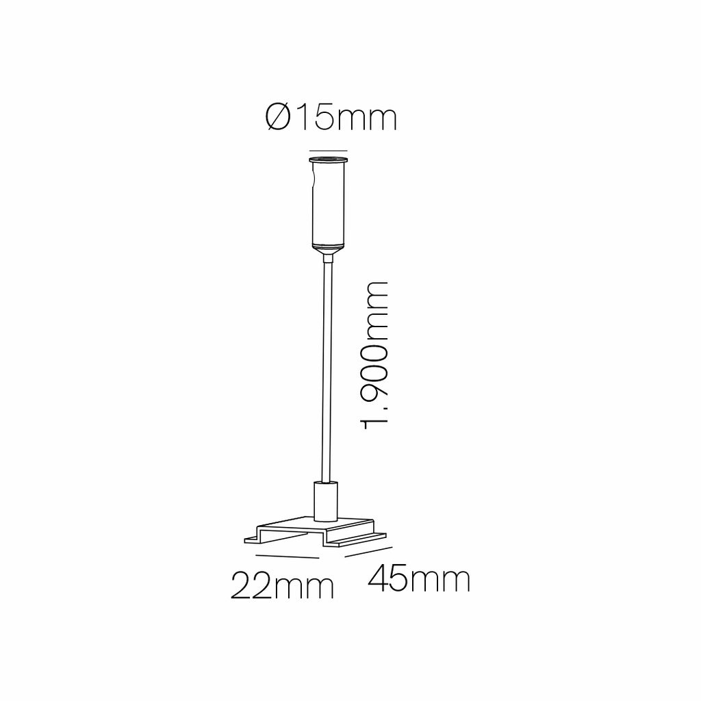 Afmetingen pendelset: Ø15 mm, kabel 1.900 mm, voet 22×45 mm