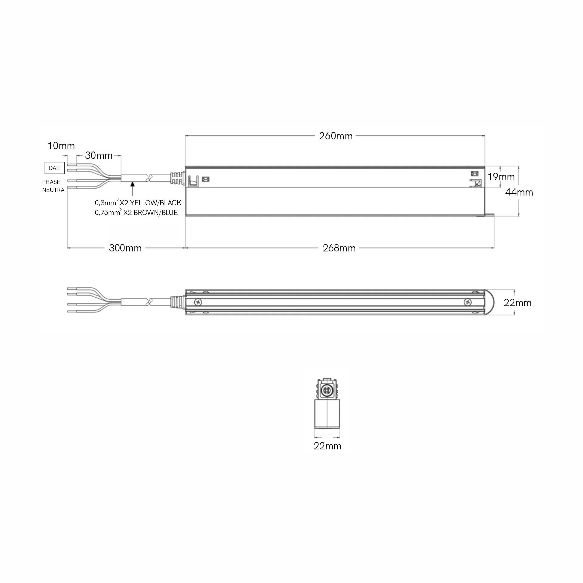 LED-driver technische tekening met aansluitdraden en afmetingen