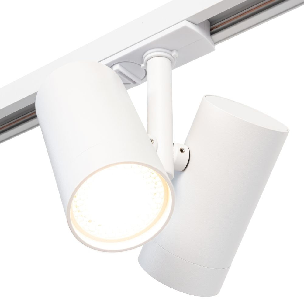 Witte dubbele GU10 railspot met ronde lens en twee scharnierende kappen