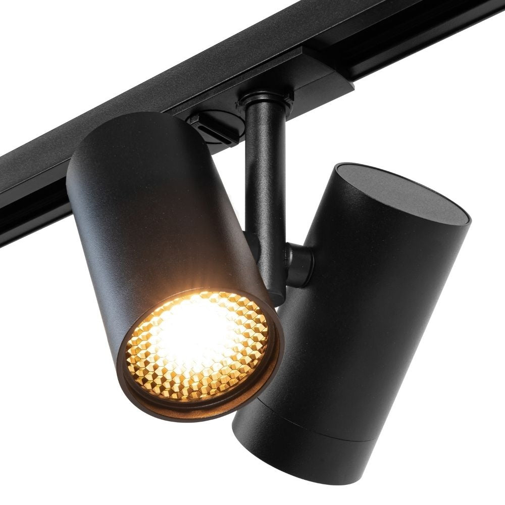 Dubbele GU10 railspot, zwarte spots met warm wit licht en verstelbare kappen