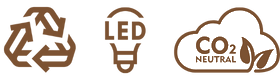 Drie iconen op een rij: het recycle symbool, het LED symbool en een CO2 Neutraal keurmerk.