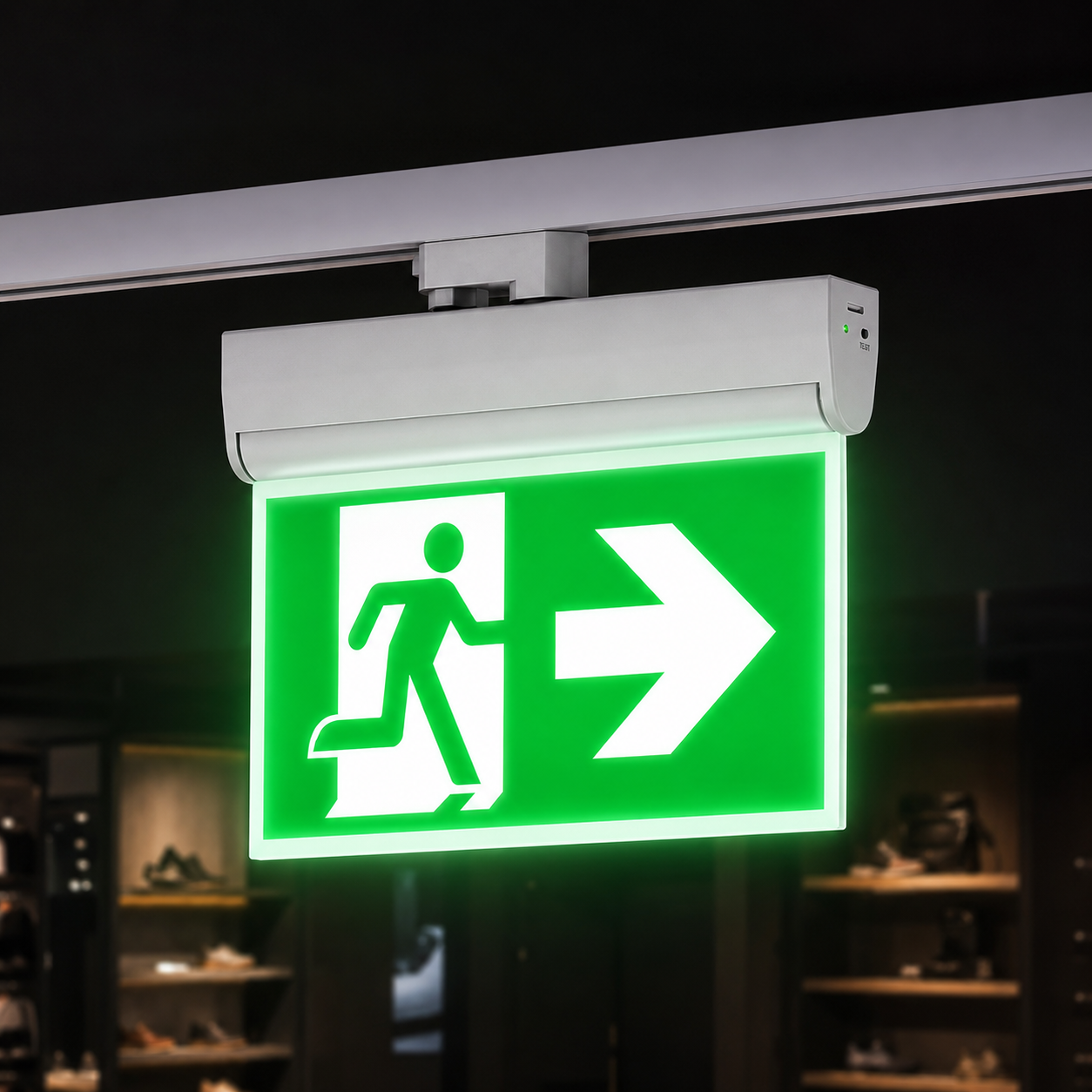 Witte noodverlichtingsarmatuur met groen oplichtend vluchtsymbool en naar-rechts pijl