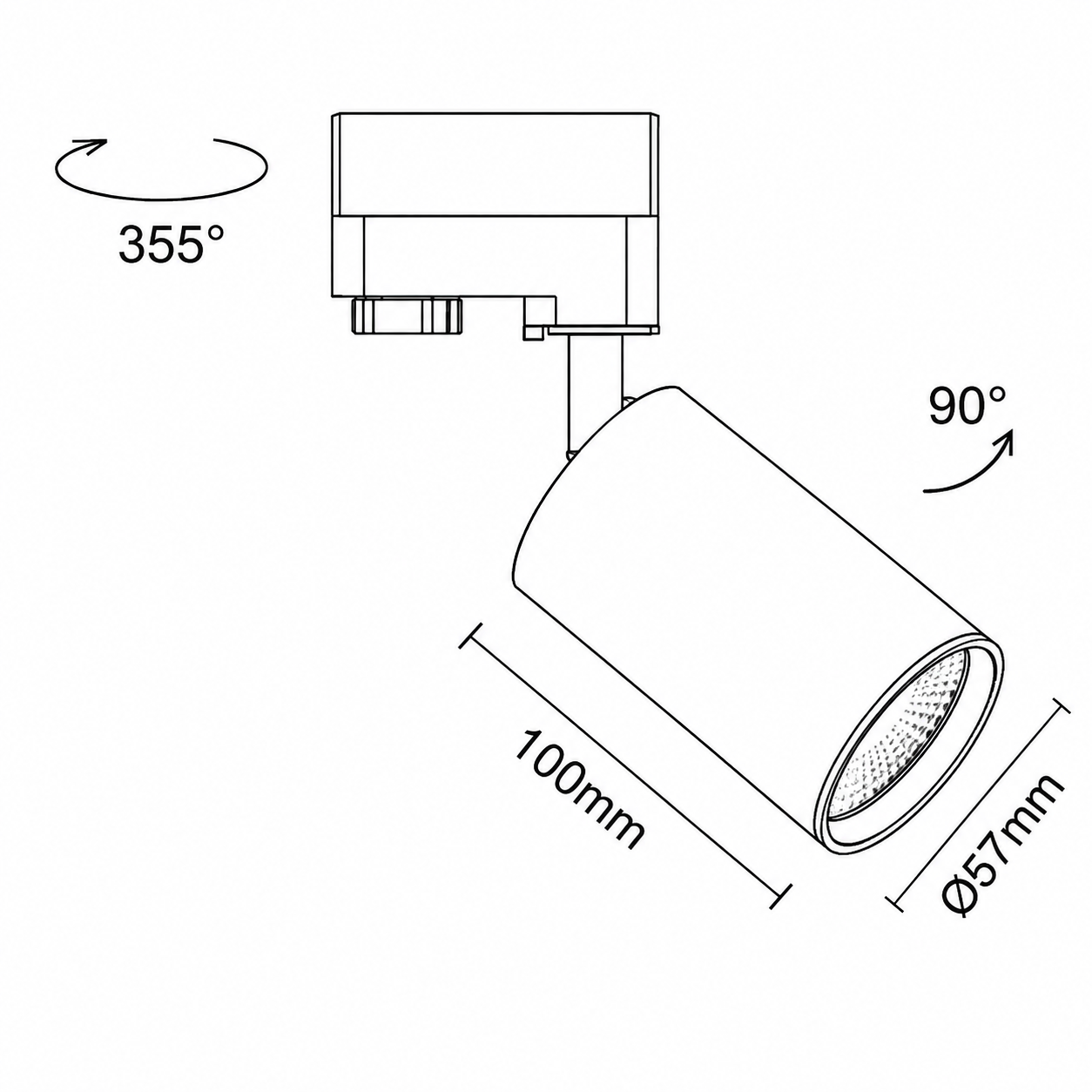 Technische tekening railspot: 100 mm lengte, Ø57 mm, 90° en 355°