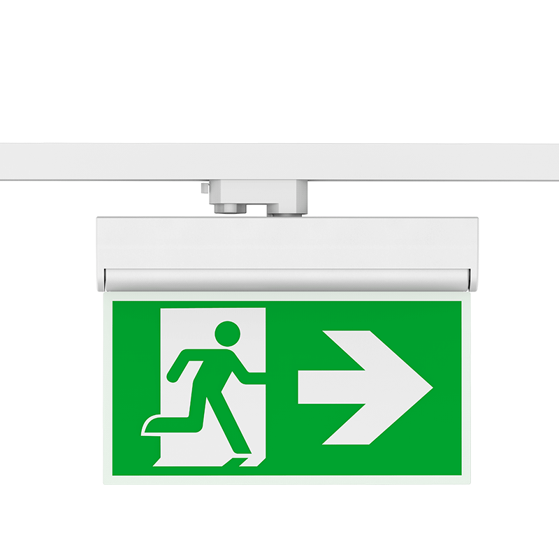 Witte 3-fase noodverlichting met groen pictogram van lopende persoon en naar-rechts pijl