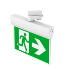 Witte noodverlichting met groen vluchtsymbool en naar-rechts pijl, zijaanzicht