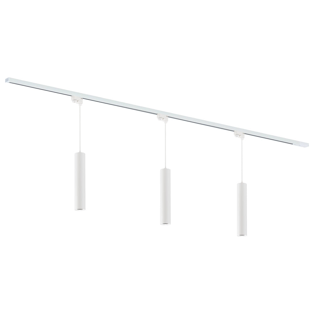 Witte railverlichting met drie hangende cilindermodules voor GU10-doppen