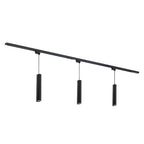 Zwarte railverlichting met drie hanglampen, slanke GU10 spots aan 200 cm rail.