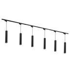 Zwarte railverlichting met 6 cilindrische spots en GU10-fittingen, horizontale rail
