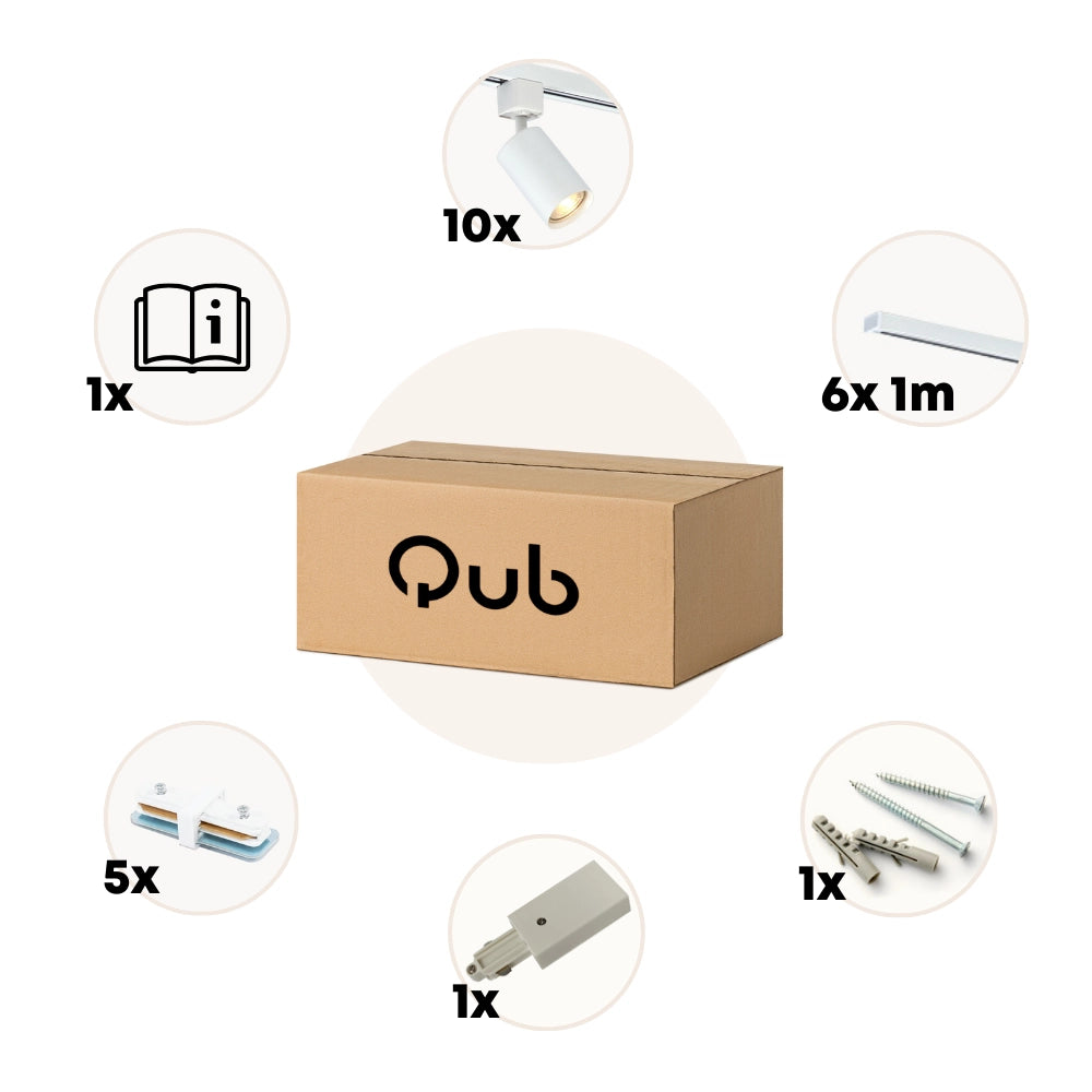 Qub railverlichting set in doos: 10 spotkoppen en montagemateriaal met pictogrammen