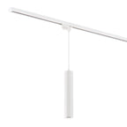 Witte plafondrailverlichting met 2 hanglampen en 1 spot, slanke langwerpige armatuur.