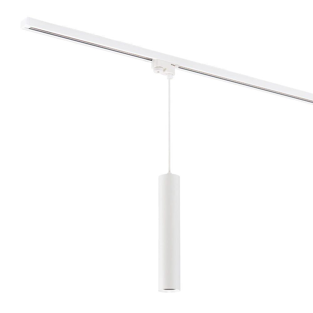 Witte hangrailverlichting met ophangdraad en een lange horizontale rail.