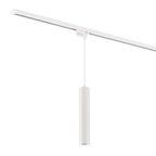 Witte cilinderhanglamp aan plafondrail met spotmodule