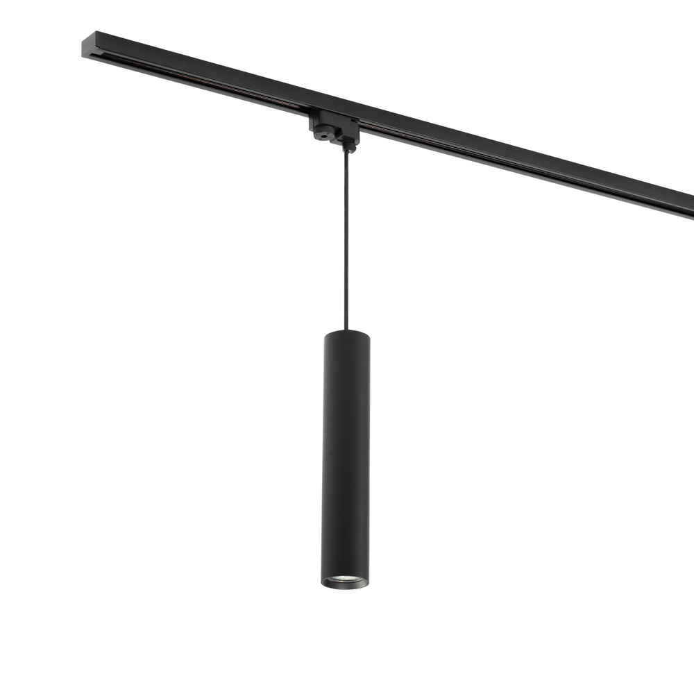 Zwarte hanglampmodule met cilindrische kap aan zwarte rail, inclusief ophanging