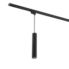 Zwarte hanglamp met cilindrische kap aan zwarte rail, passend voor GU10