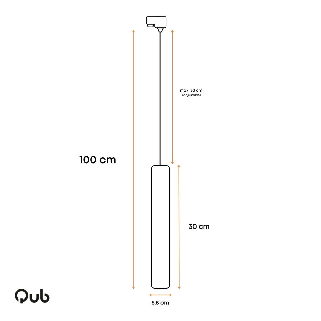 Maattabel buisrail hanglamp: 100 cm hoogte, 30 cm breedte, 5,5 cm diameter