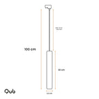 Afmetingen: hangbuis 100 cm lang, 5,5 cm breed; lamp 30 cm, max 70 cm kabel