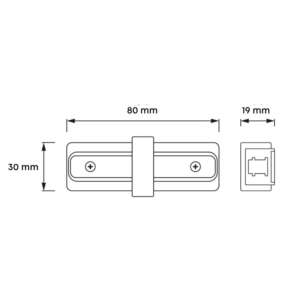 Technische tekening van wit koppelstuk: 80 mm lang, 30 mm hoog, 19 mm breed