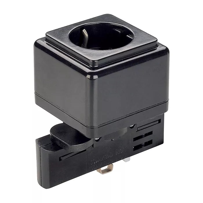Zwart 3-fase railverlichting stopcontactmodule met ronde aansluiting en railklem